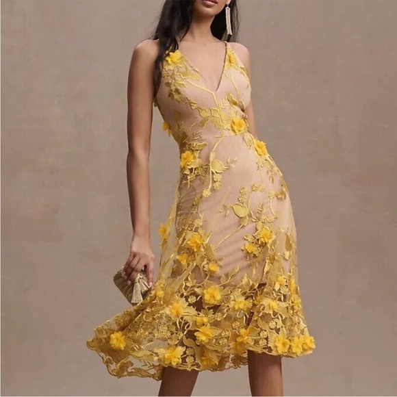 Dress the Population Dresses & Skirts - Dress the Population Audrey Fit & Flare Sheer Lace Floral Applique Midi Dress M